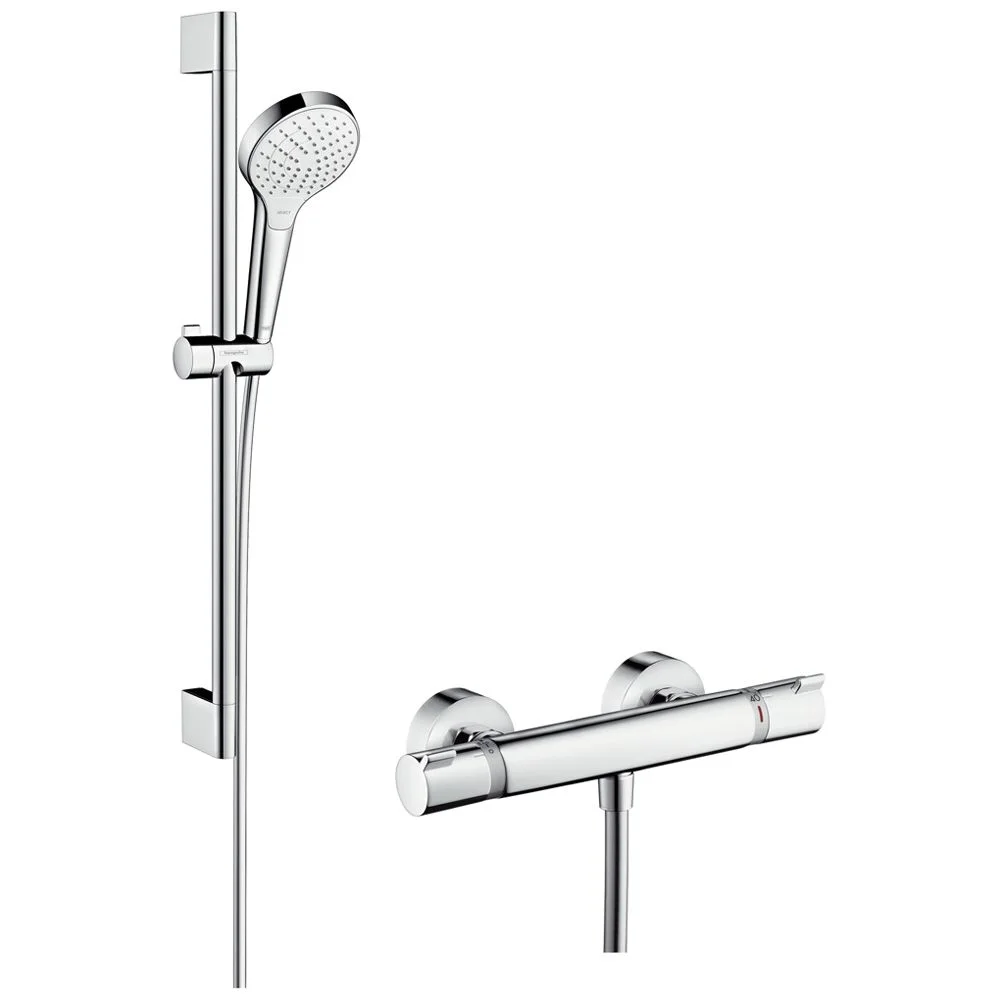 Chromowany zestaw prysznicowy z armaturą widok z przodu, hansgrohe