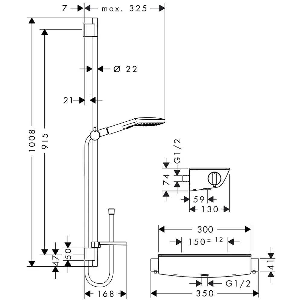 Rysunek techniczny zestawu prysznicowego z wymiarami, hansgrohe