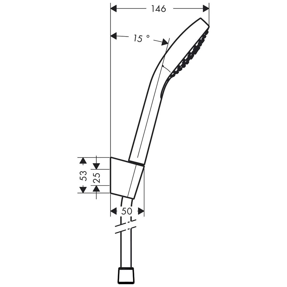 Rysunek techniczny uchwytu prysznicowego z wymiarami, hansgrohe