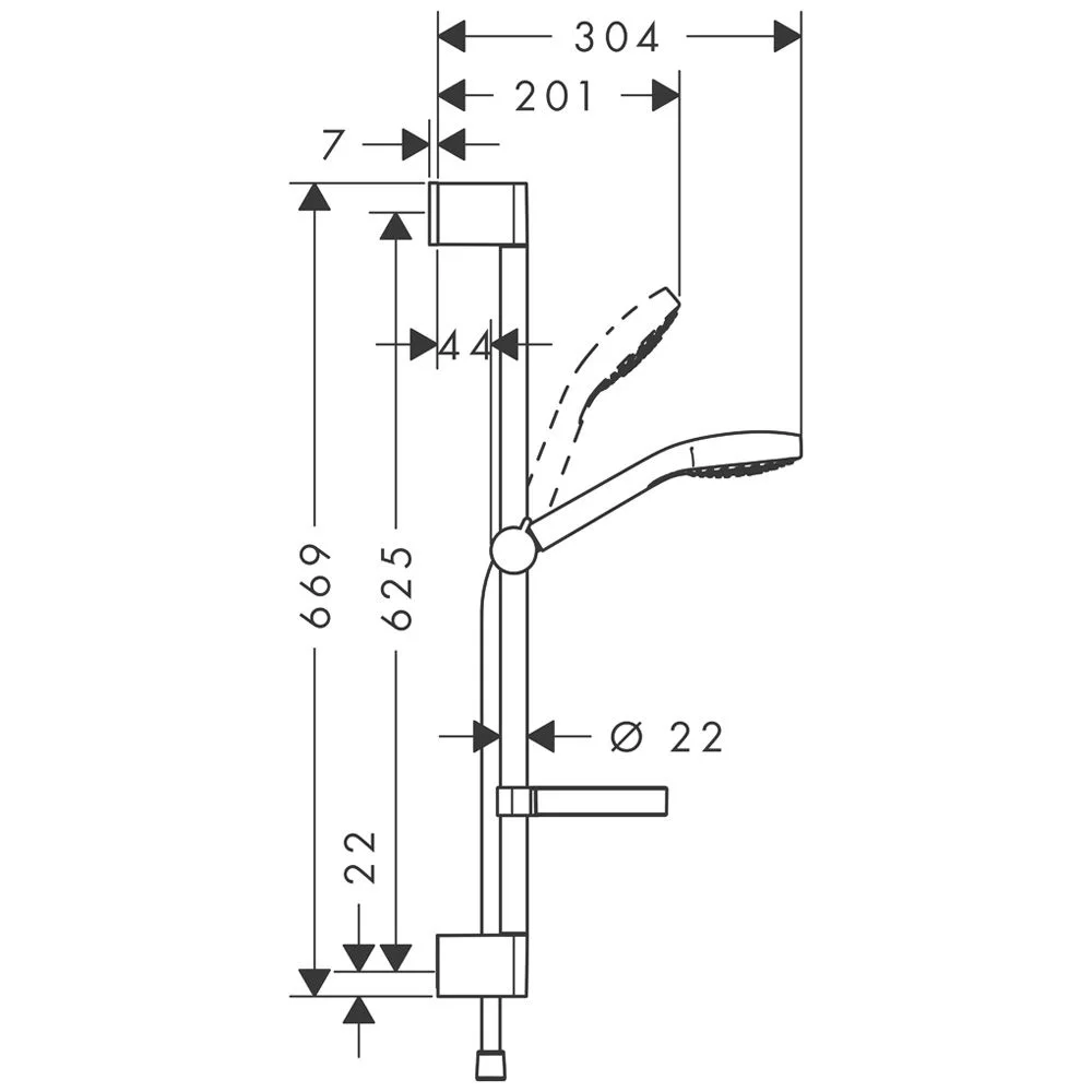 Rysunek techniczny zestawu prysznicowego z wymiarami, hansgrohe