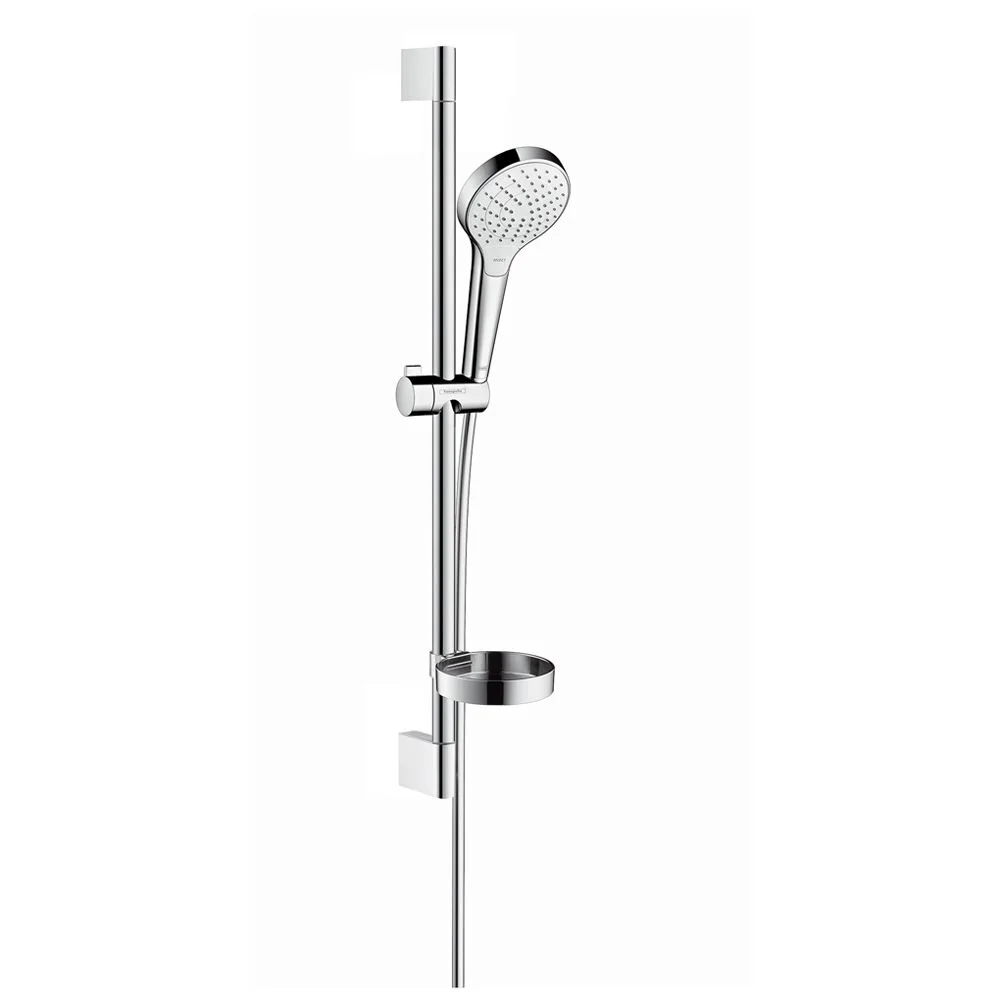 Zestaw prysznicowy widok z przodu z półką, chromowane wykończenie, hansgrohe