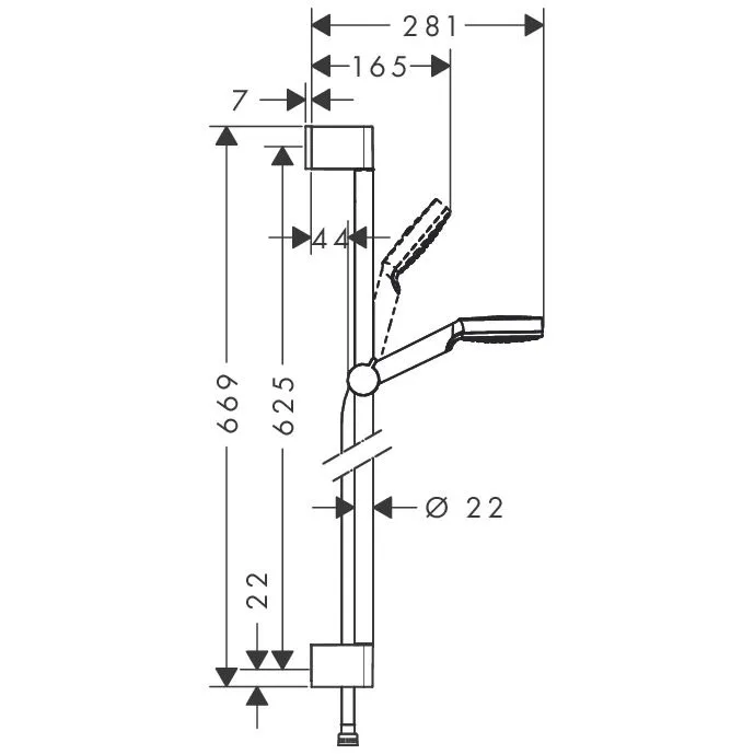 Rysunek techniczny zestawu prysznicowego z wymiarami, hansgrohe