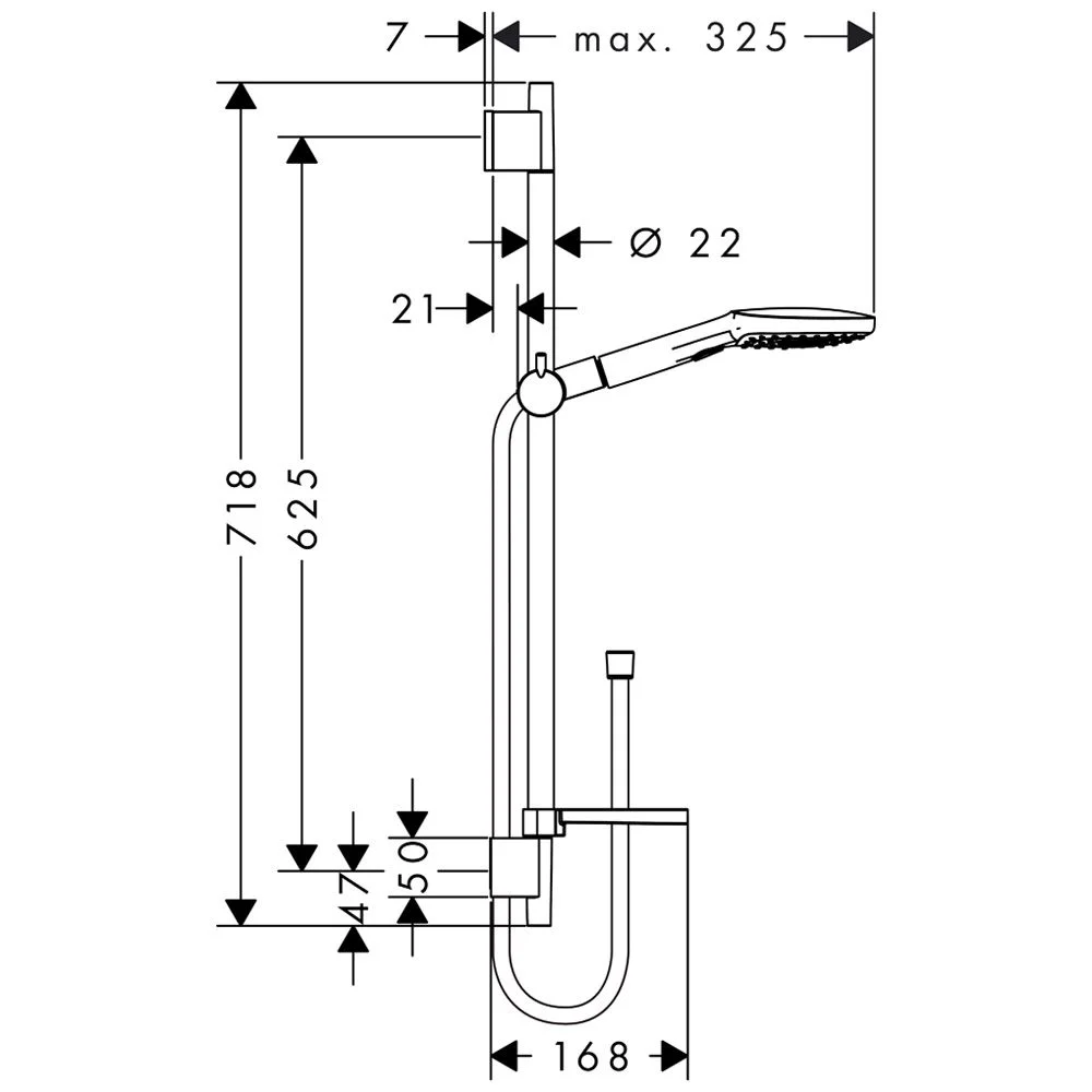 Rysunek techniczny drążka prysznicowego z wymiarami, hansgrohe