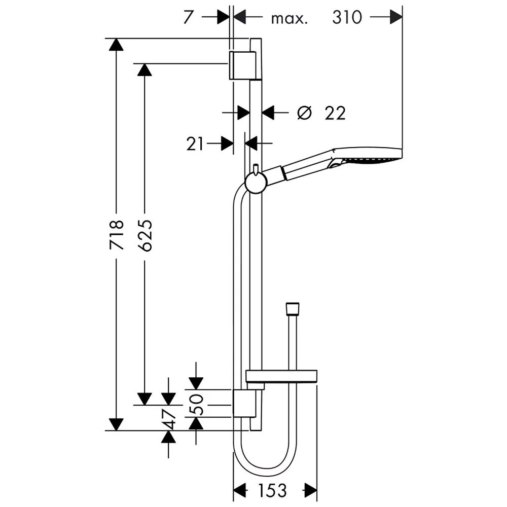 Rysunek techniczny drążka prysznicowego z wymiarami, hansgrohe