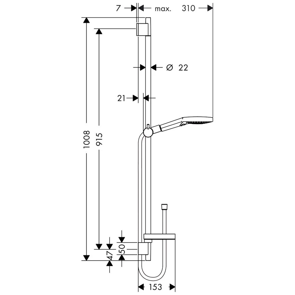 Rysunek techniczny drążka prysznicowego z wymiarami, hansgrohe