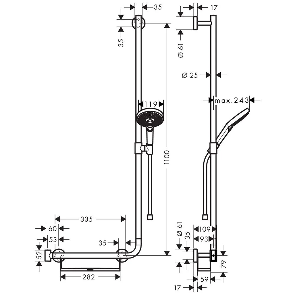 Rysunek techniczny drążka prysznicowego z głowicą, hansgrohe
