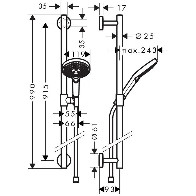 Rysunek techniczny drążka prysznicowego z wymiarami, hansgrohe