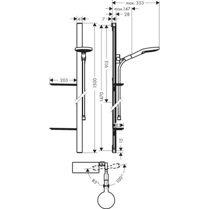 Rysunek techniczny drążka prysznicowego z wymiarami, hansgrohe