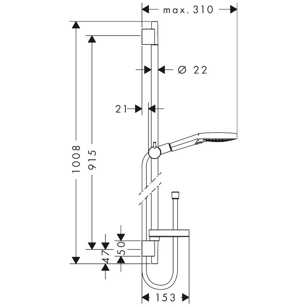 Rysunek techniczny zestawu prysznicowego z wymiarami, hansgrohe