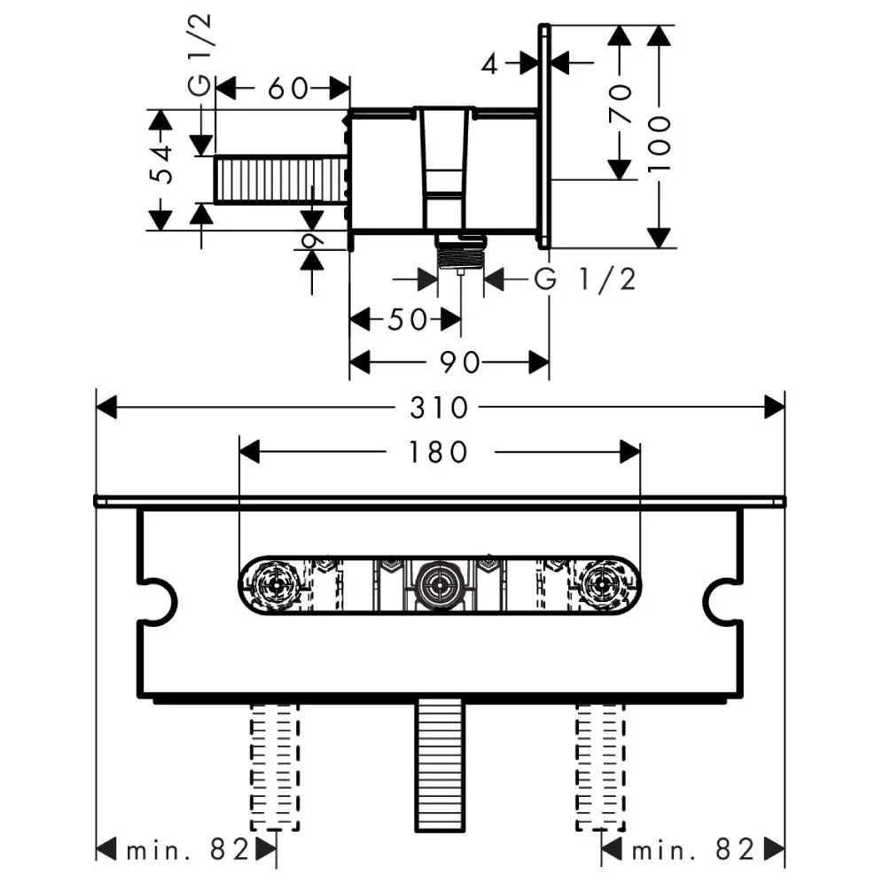 Rysunek techniczny uchwytu prysznicowego z wymiarami, hansgrohe