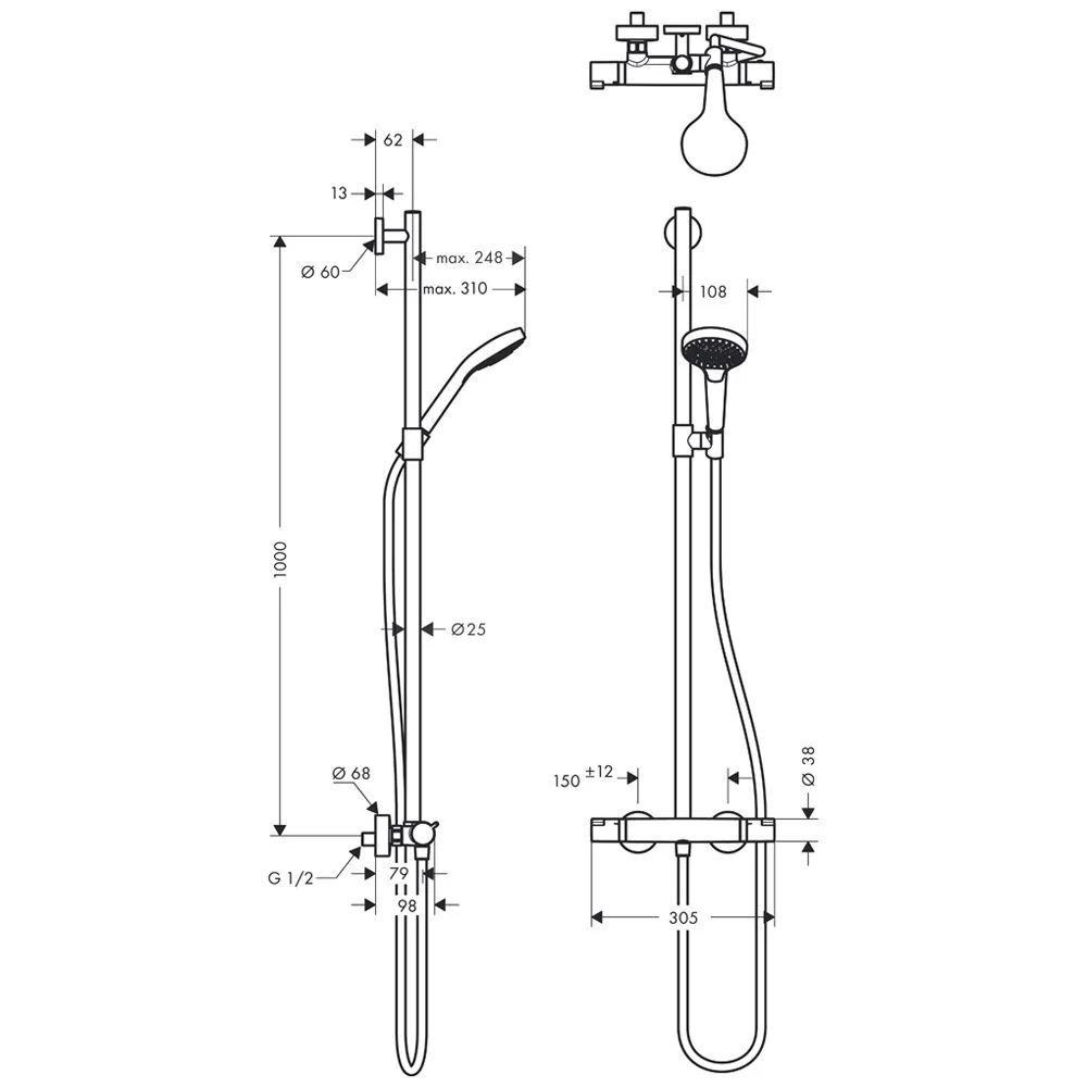 Rysunek techniczny systemu prysznicowego z wymiarami, hansgrohe