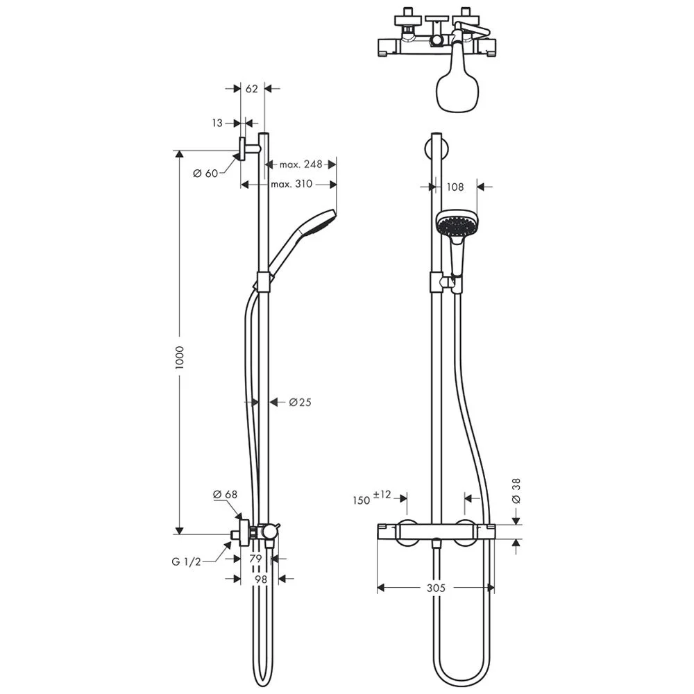 Rysunek techniczny systemu prysznicowego z wymiarami, hansgrohe