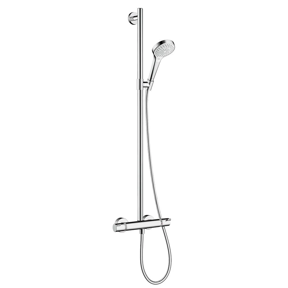 System prysznicowy widok z boku z rączką prysznicową, hansgrohe