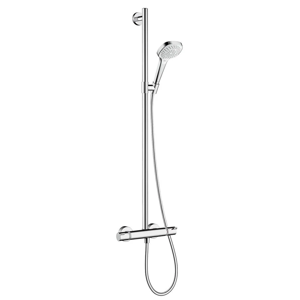 System prysznicowy widok z boku z rączką prysznicową, hansgrohe