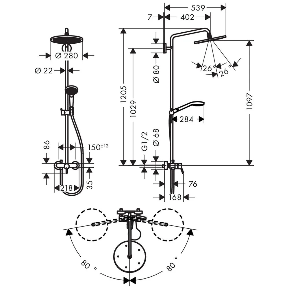 Rysunek techniczny systemu prysznicowego z wymiarami, hansgrohe