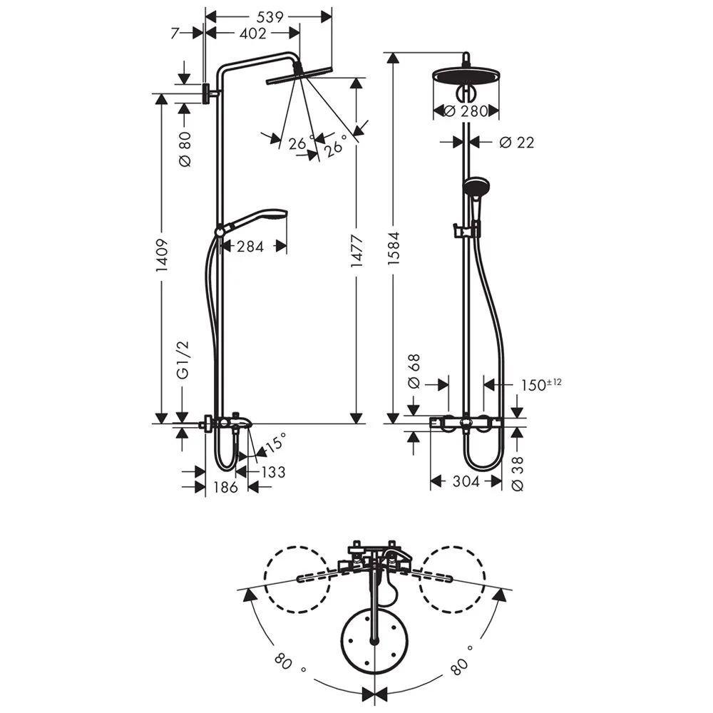 Rysunek techniczny systemu prysznicowego z wymiarami, hansgrohe