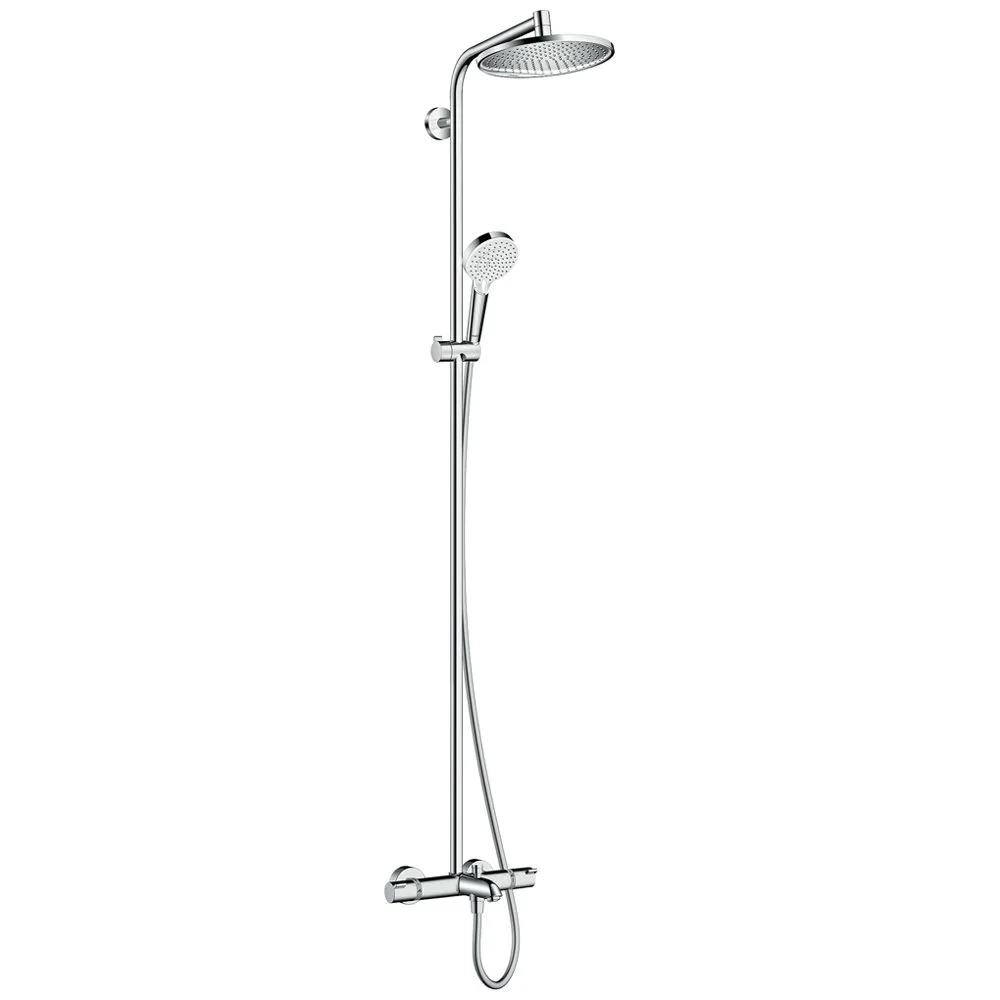 System prysznicowy widok z boku z rączką prysznicową, hansgrohe