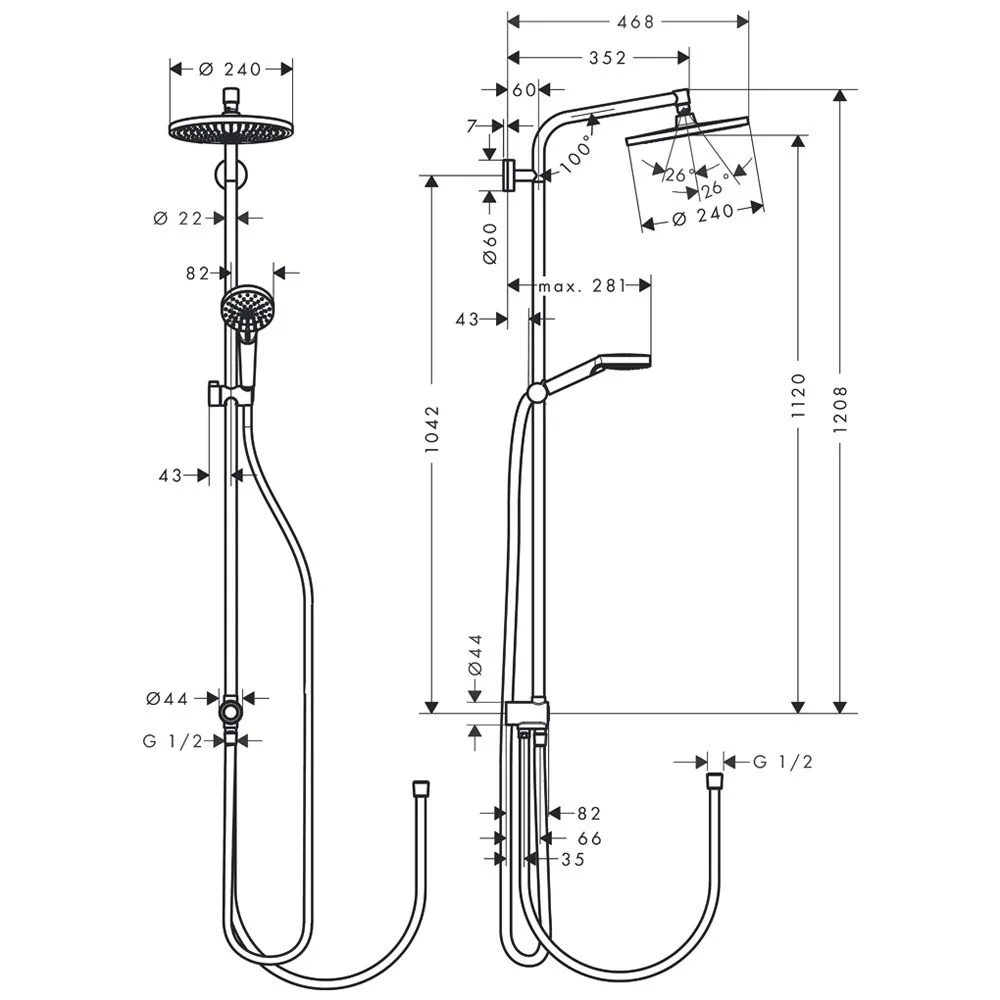 Rysunek techniczny armatury prysznicowej z wymiarami, hansgrohe