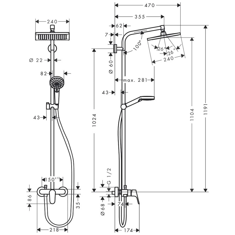 Rysunek techniczny armatury prysznicowej z wymiarami, hansgrohe
