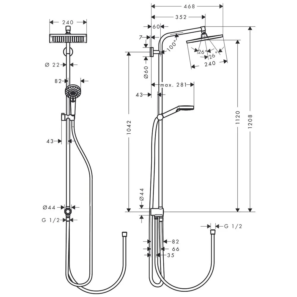 Rysunek techniczny armatury prysznicowej z wymiarami, hansgrohe