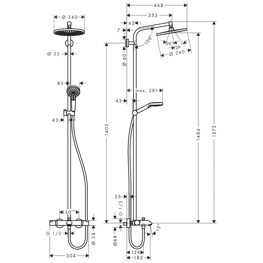 Rysunek techniczny armatury prysznicowej z wymiarami, hansgrohe