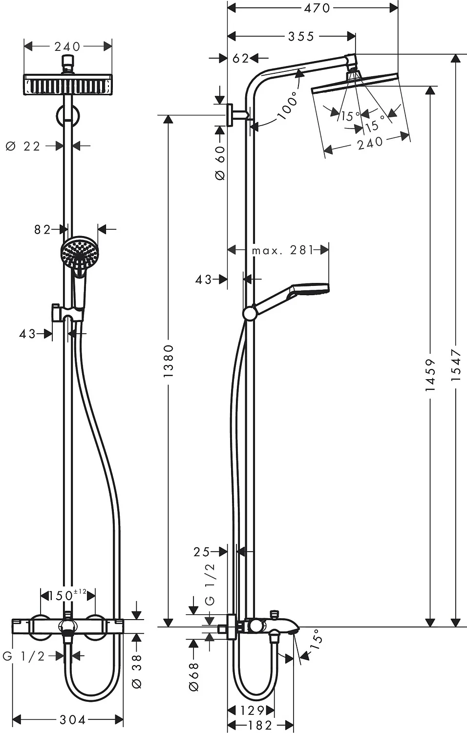 Rysunek techniczny armatury prysznicowej z wymiarami, hansgrohe
