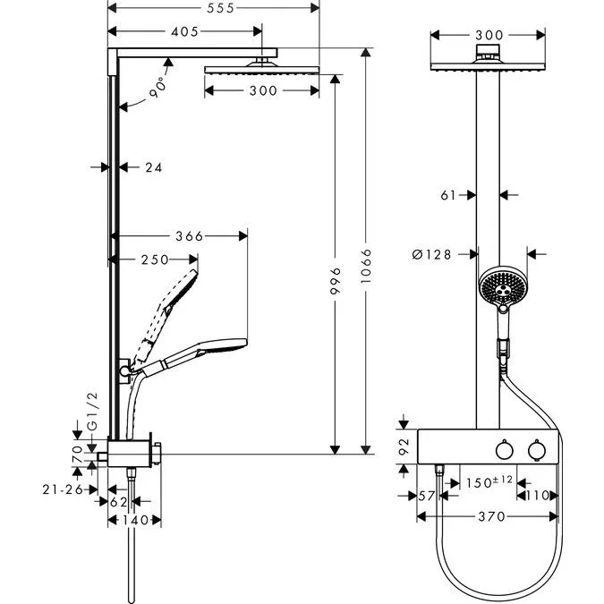 Rysunek techniczny systemu prysznicowego z wymiarami, hansgrohe