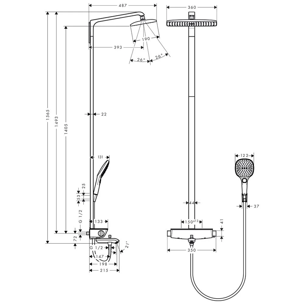 Rysunek techniczny systemu prysznicowego z wymiarami, hansgrohe