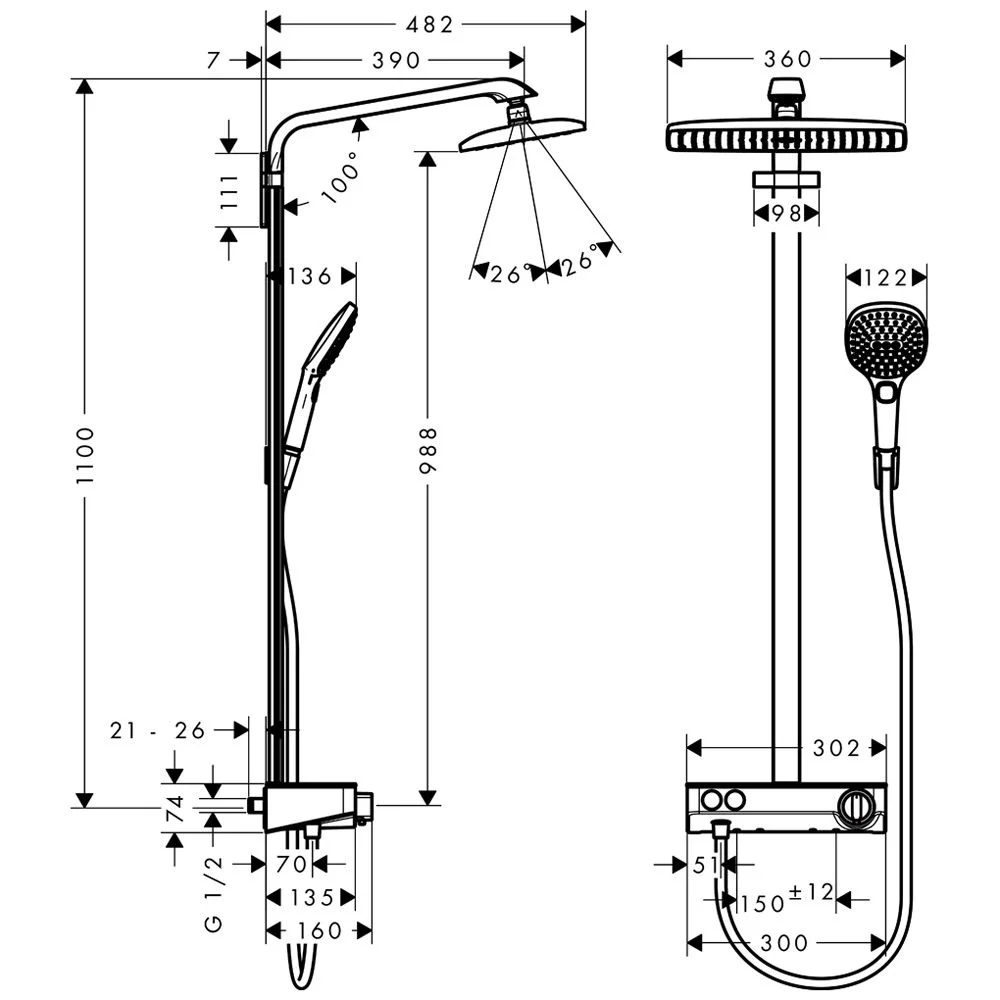 Rysunek techniczny armatury prysznicowej z wymiarami, hansgrohe