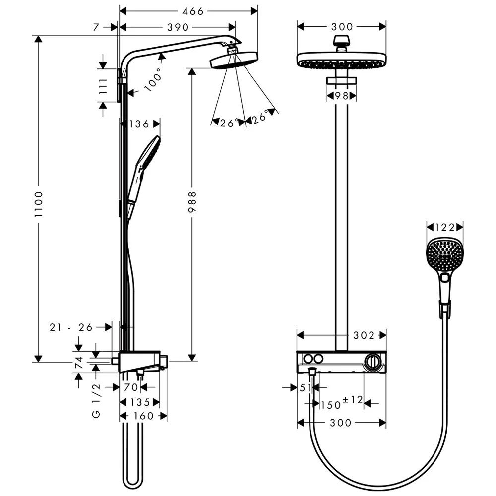 Rysunek techniczny armatury prysznicowej z wymiarami, hansgrohe
