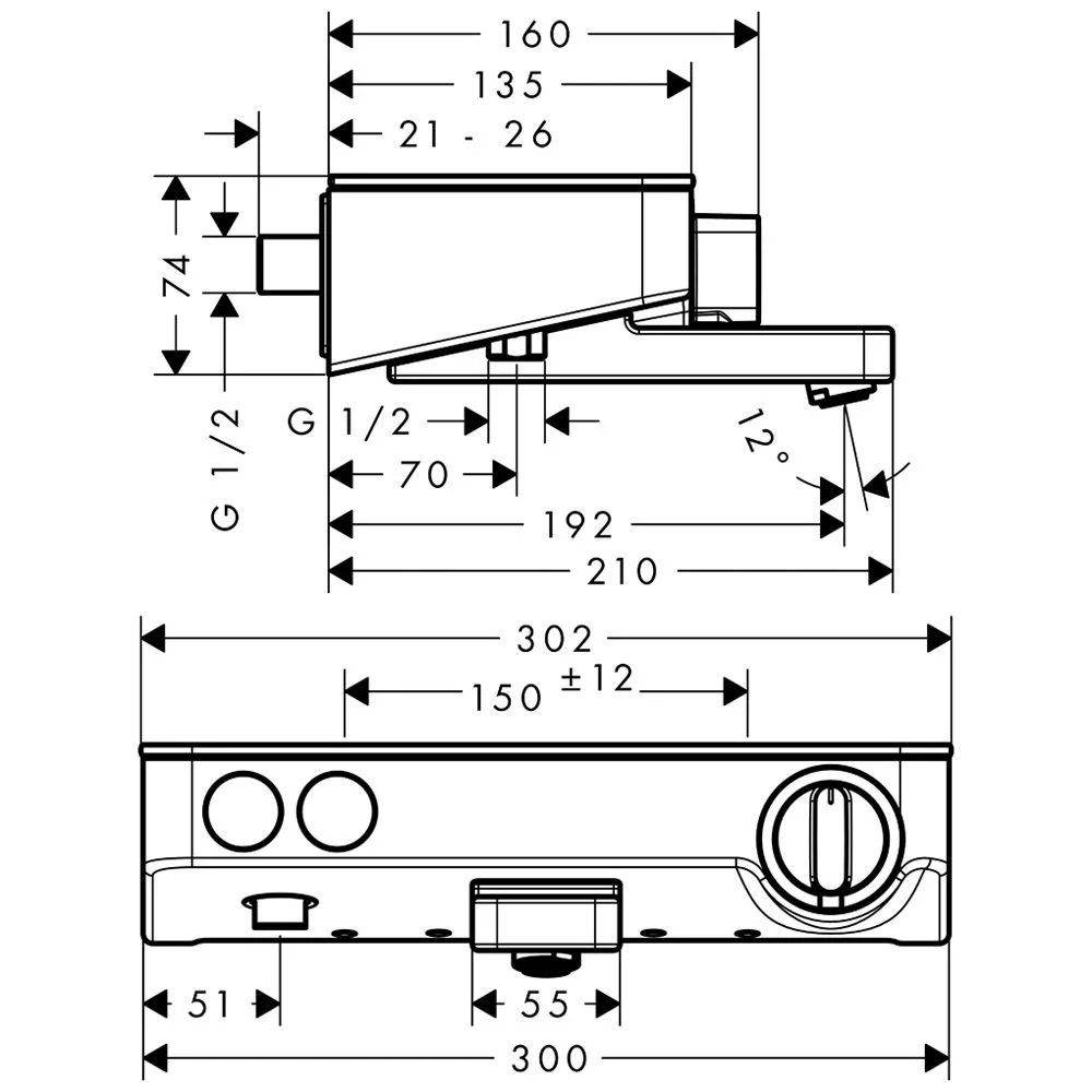 Rysunek techniczny termostatu prysznicowego, hansgrohe