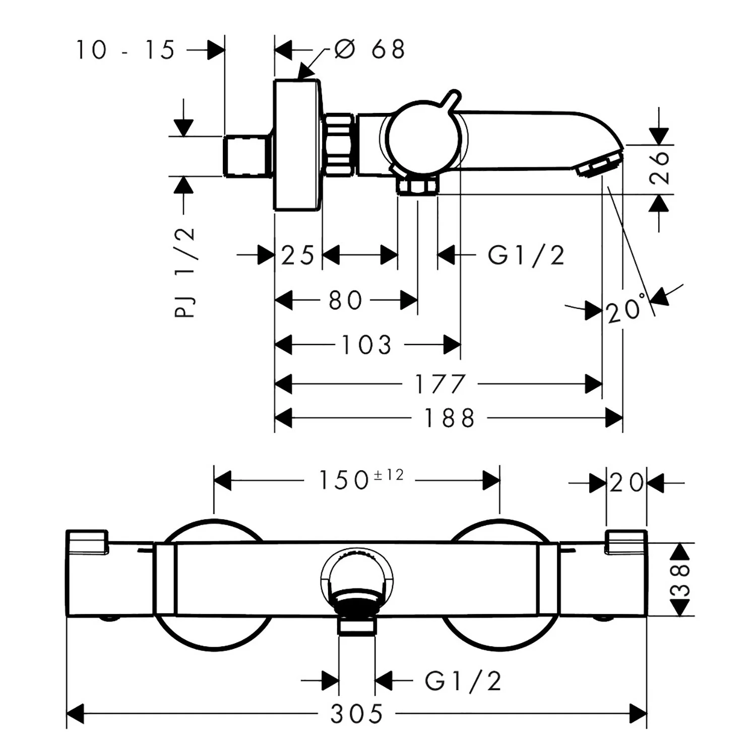 Rysunek techniczny termostatu natynkowego, hansgrohe