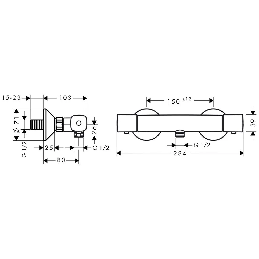Rysunek techniczny termostatu z wymiarami, hansgrohe