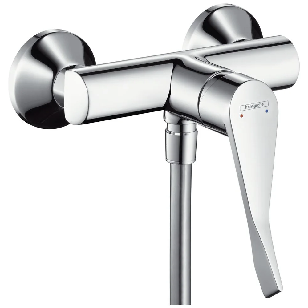 Chromowana bateria prysznicowa widok z boku, hansgrohe