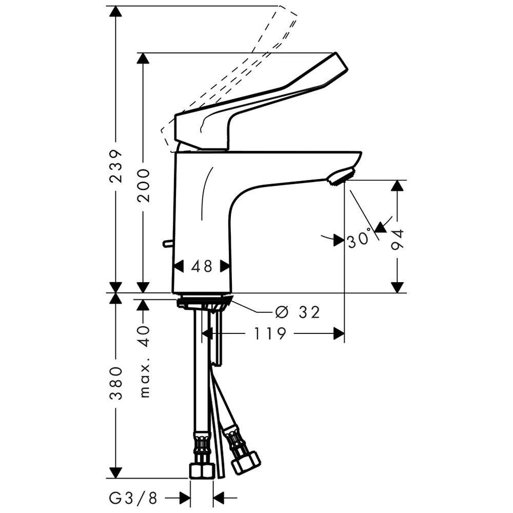 Rysunek techniczny baterii umywalkowej z wymiarami, hansgrohe