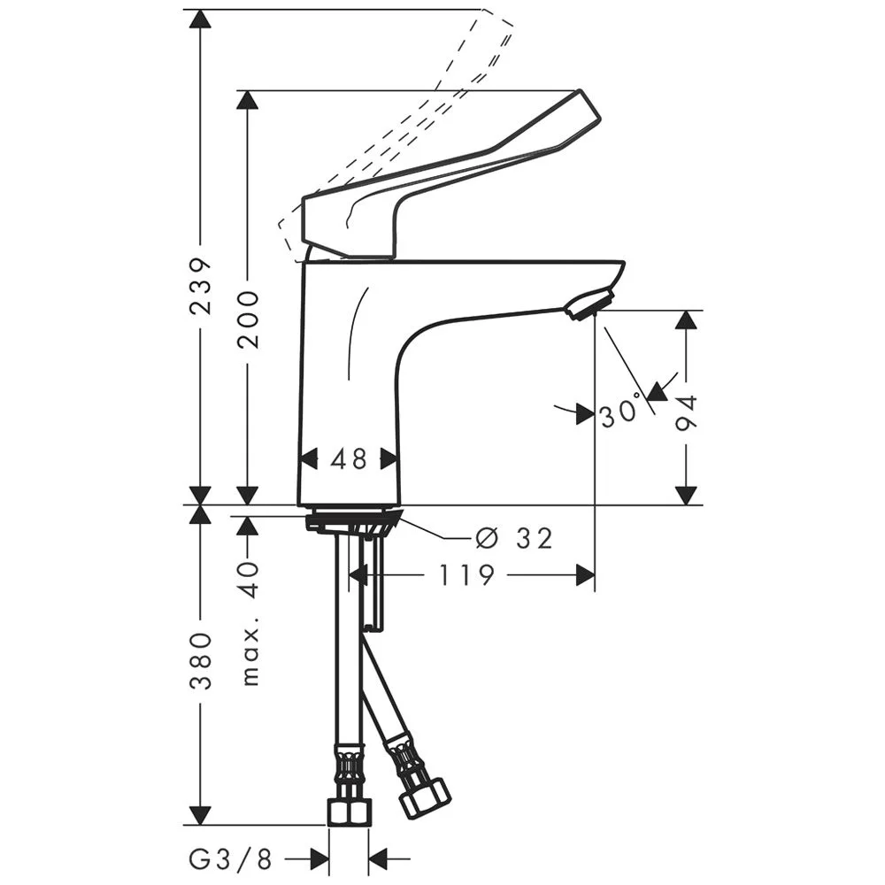 Rysunek techniczny kranu z wymiarami, hansgrohe