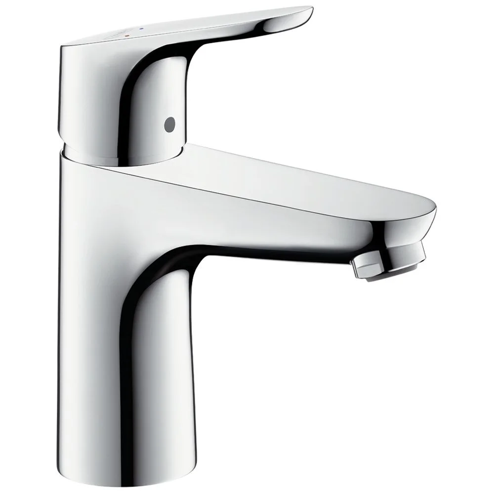 Chromowana bateria umywalkowa w widoku z przodu, hansgrohe