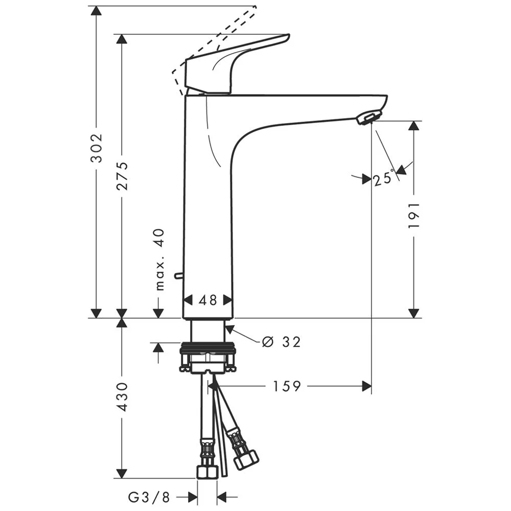 Rysunek techniczny baterii umywalkowej z wymiarami, hansgrohe