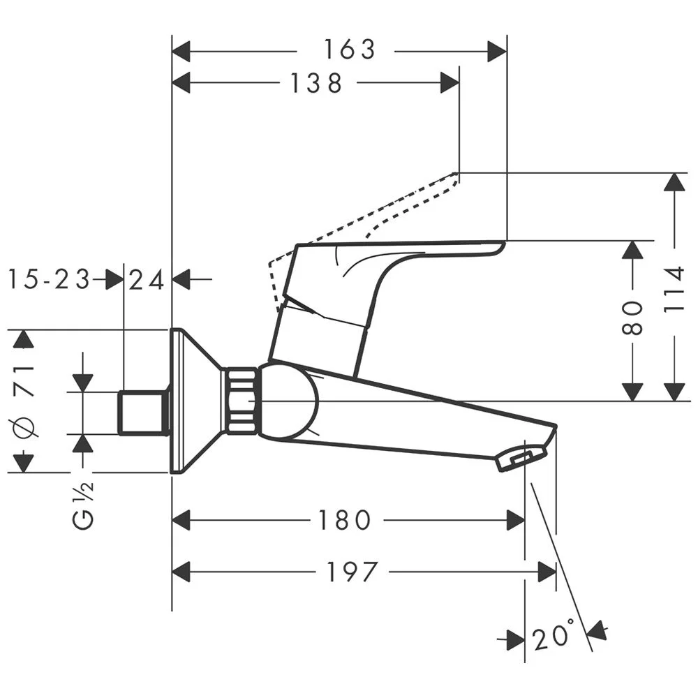 Rysunek techniczny baterii umywalkowej z wymiarami, hansgrohe