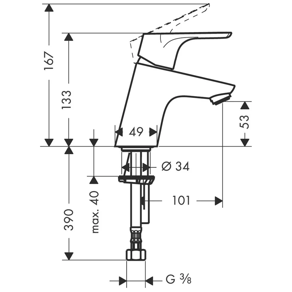 Rysunek techniczny baterii umywalkowej z wymiarami, hansgrohe