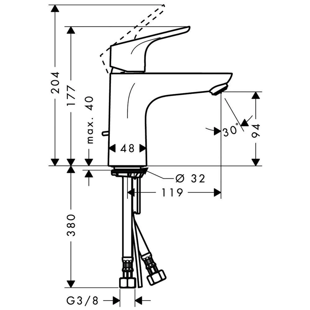 Rysunek techniczny baterii umywalkowej, hansgrohe