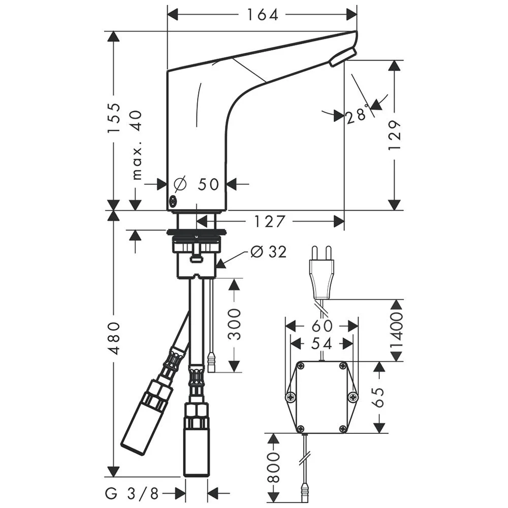 Rysunek techniczny elektronicznej baterii umywalkowej, hansgrohe