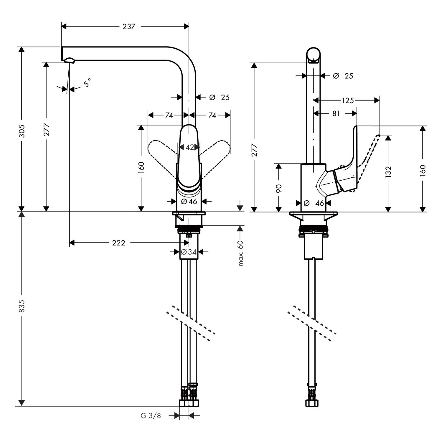 Rysunek techniczny baterii kuchennej z wymiarami, hansgrohe