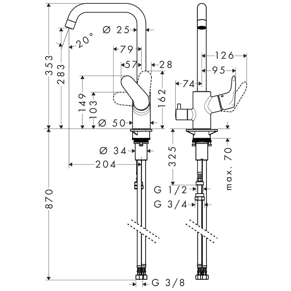 Rysunek techniczny baterii kuchennej z wymiarami, hansgrohe