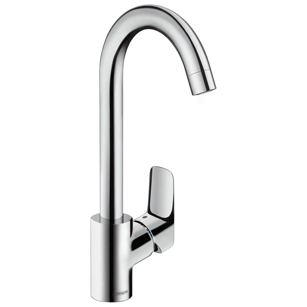 Wysoka chromowana bateria kuchenna widok z boku, hansgrohe