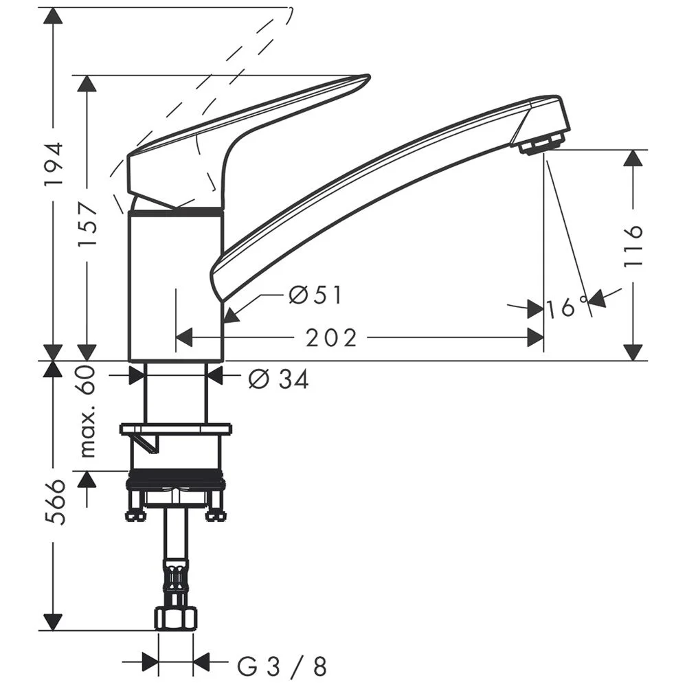 Rysunek techniczny baterii kuchennej z wymiarami, hansgrohe