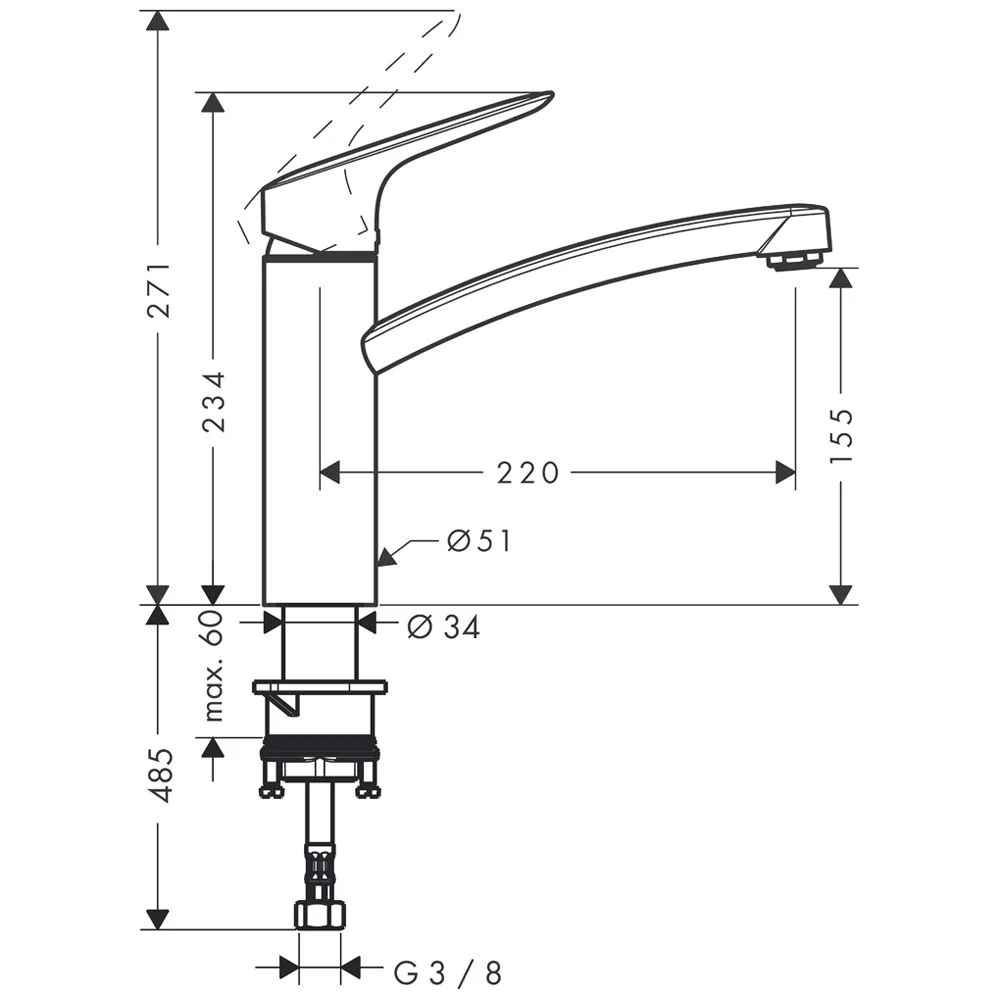 Rysunek techniczny baterii kuchennej z wymiarami, hansgrohe