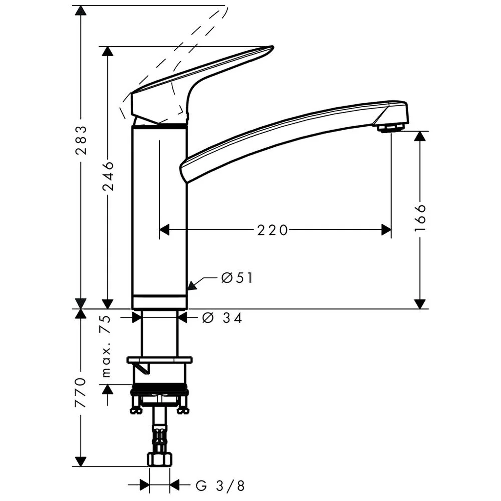 Rysunek techniczny baterii kuchennej z wymiarami, hansgrohe