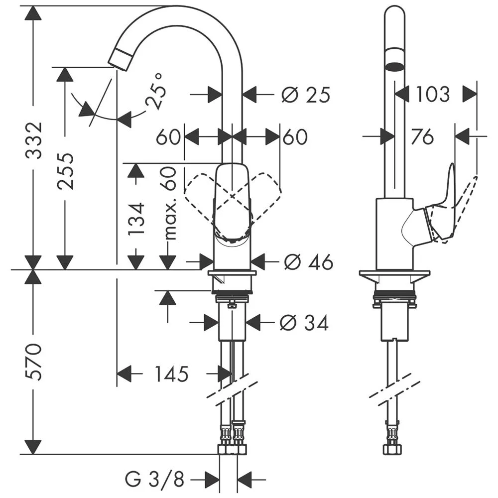 Rysunek techniczny baterii kuchennej z wymiarami, hansgrohe