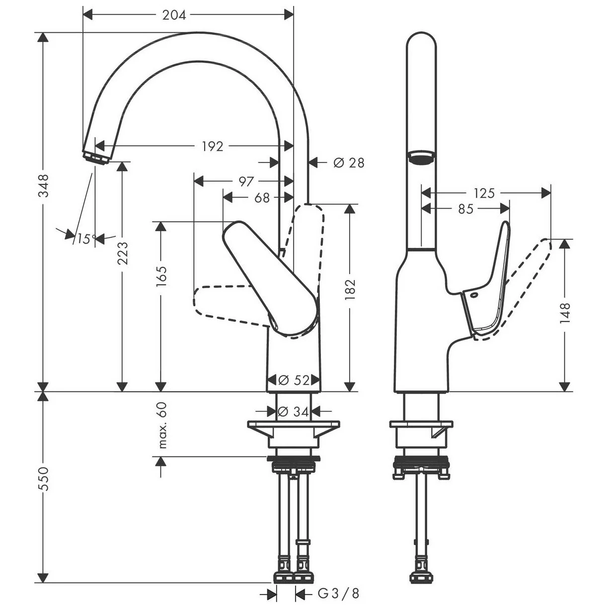 Rysunek techniczny baterii kuchennej, hansgrohe